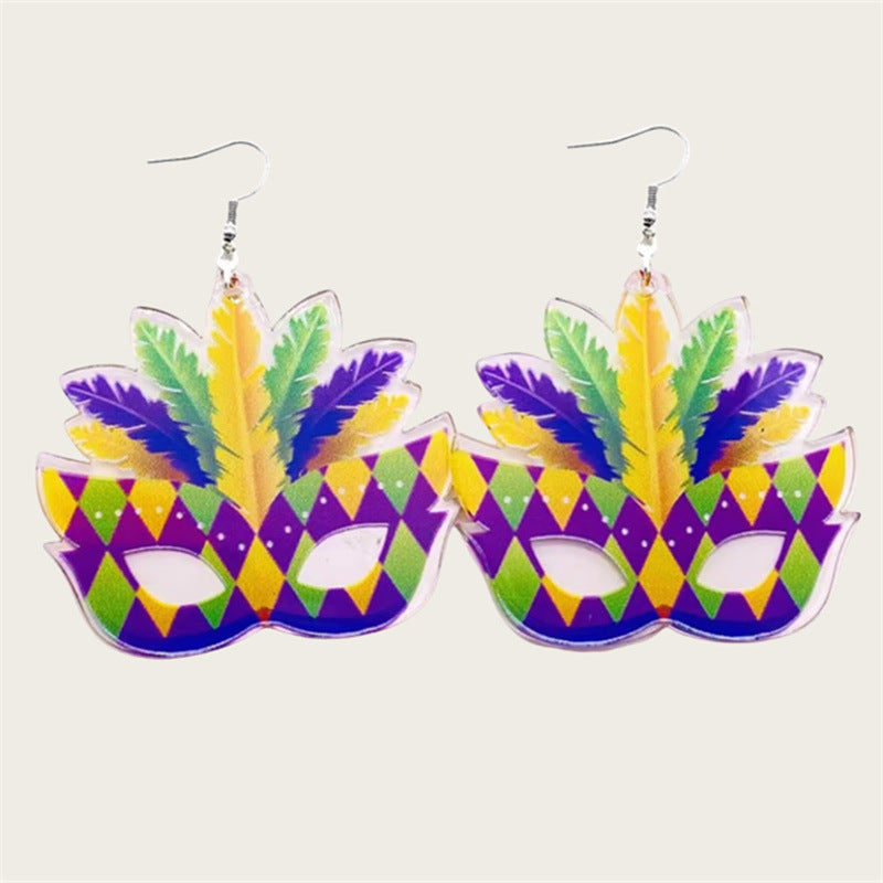 Wholesale carnival smiley face mask crown flower pendant double sided acrylic earrings