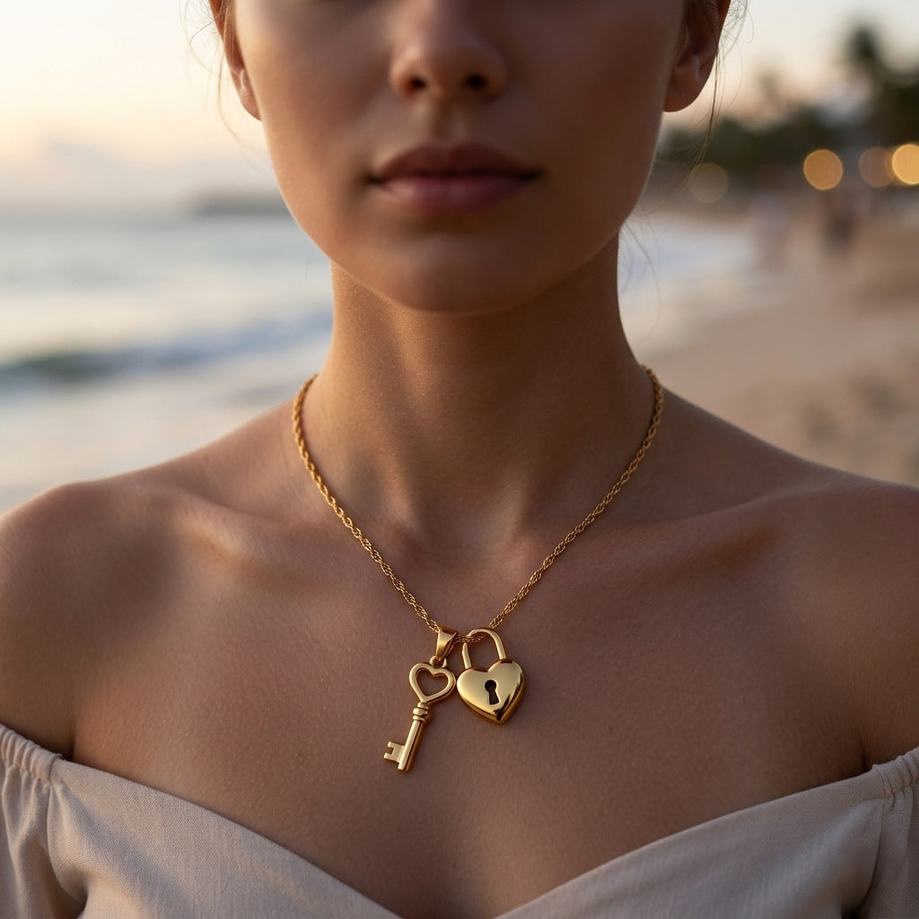 Wholesale  Stainless Steel Heart Key Water Wave Chain Titanium Steel Necklace