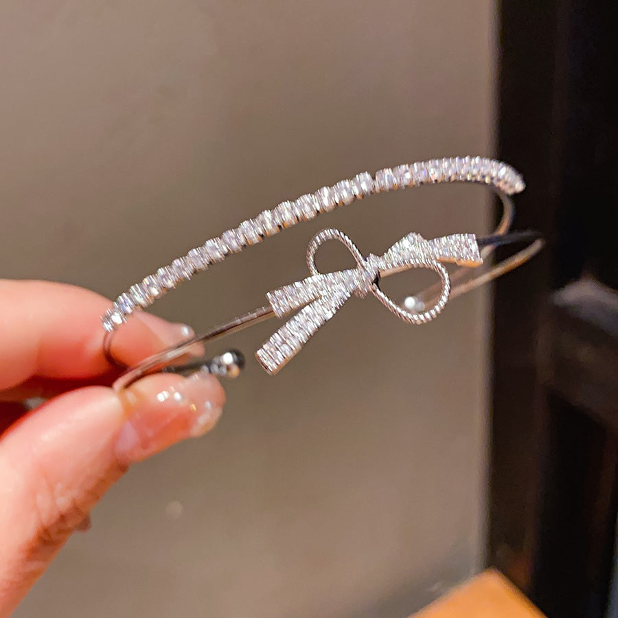 Wholesale Gold silver zircon bow double layered open bracelet