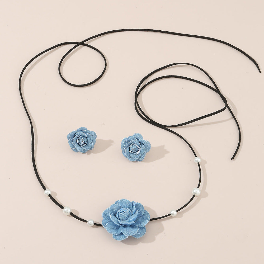 Wholesale Denim Camellia Beaded Strap Necklace Earrings Set