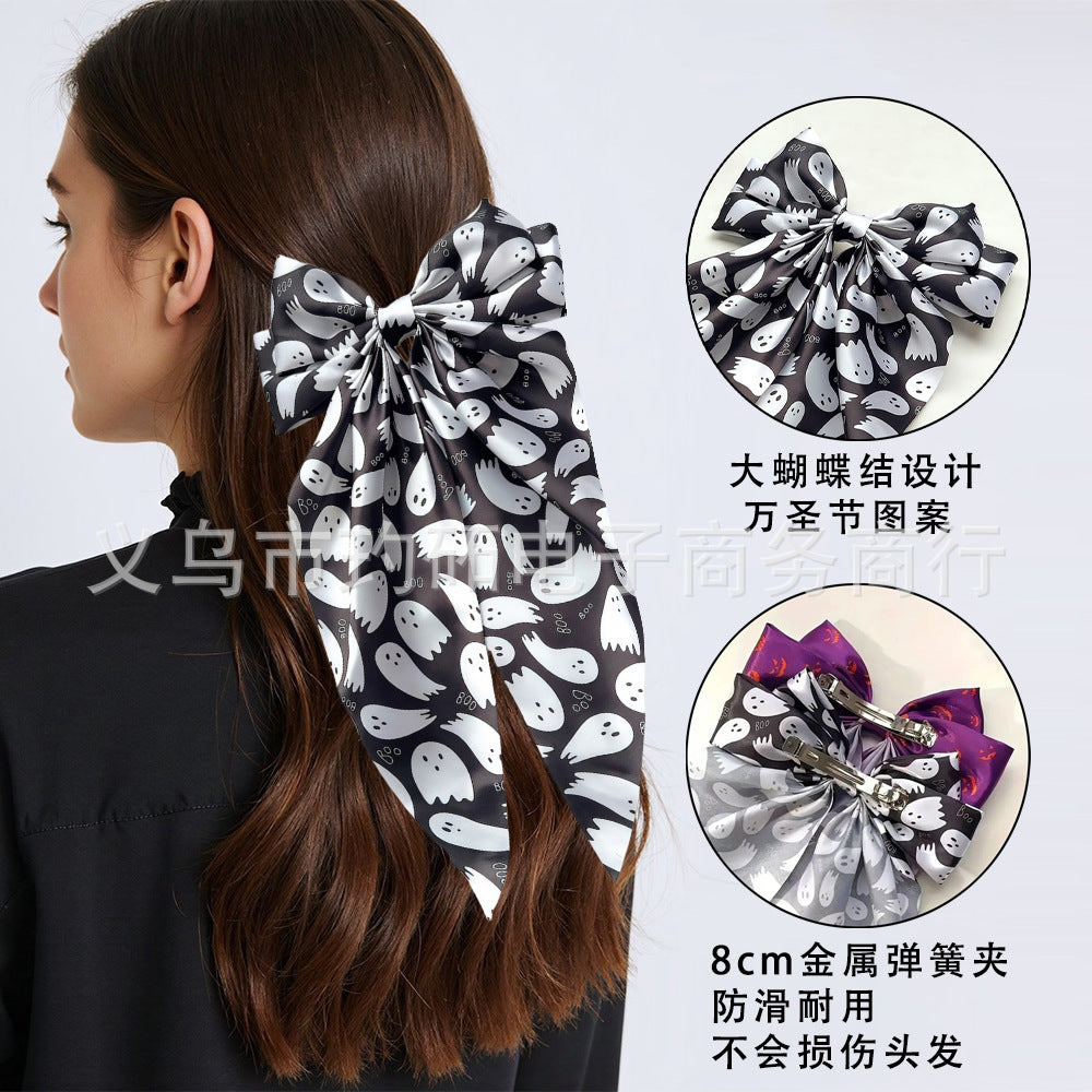 Wholesale  Hair Accessories Ghost  Web Ribbon Spring Clip Pumpkin Head Print