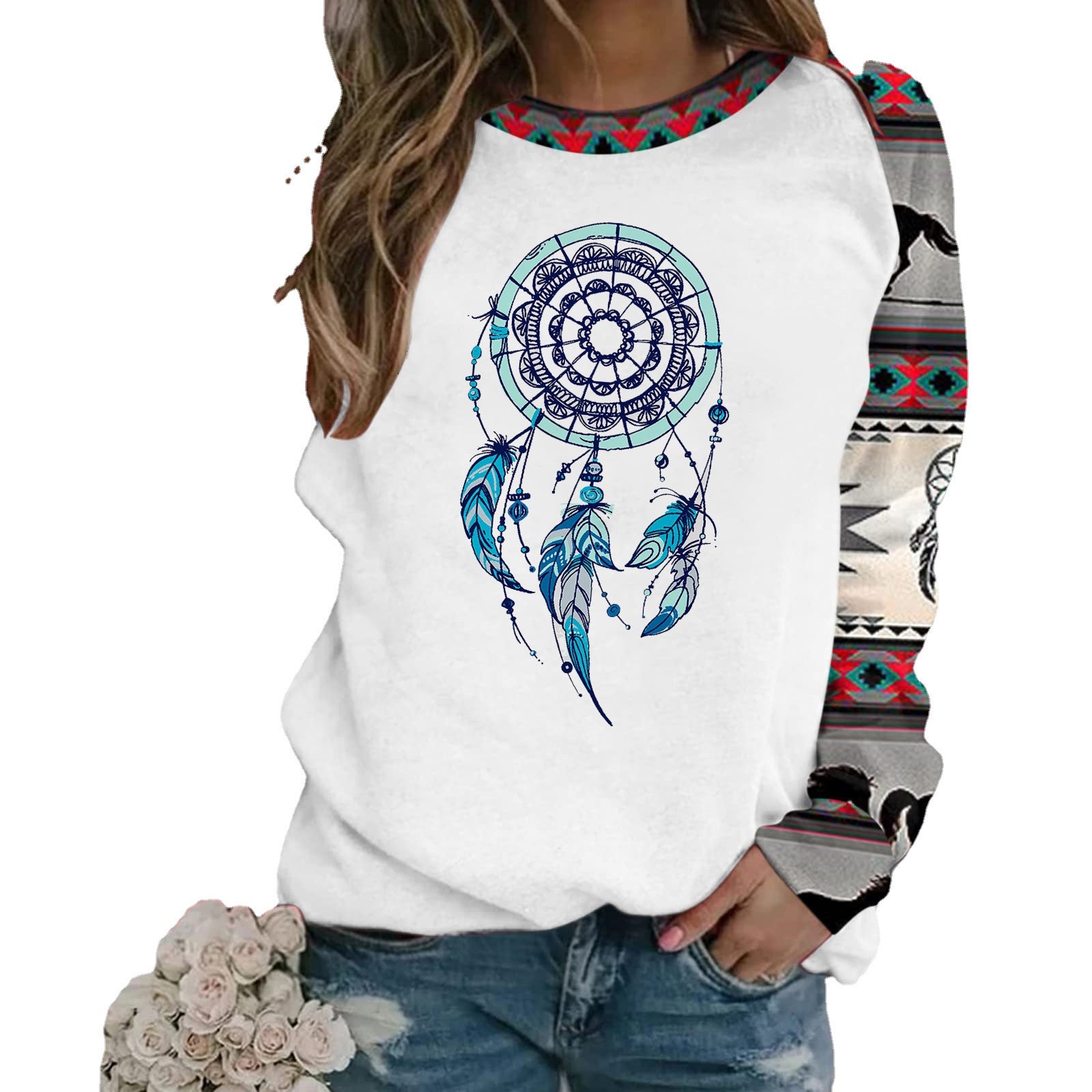 Wholesale Polyester Fiber Retro Geometric 3D Printed Long Sleeved Round Neck Hoodie