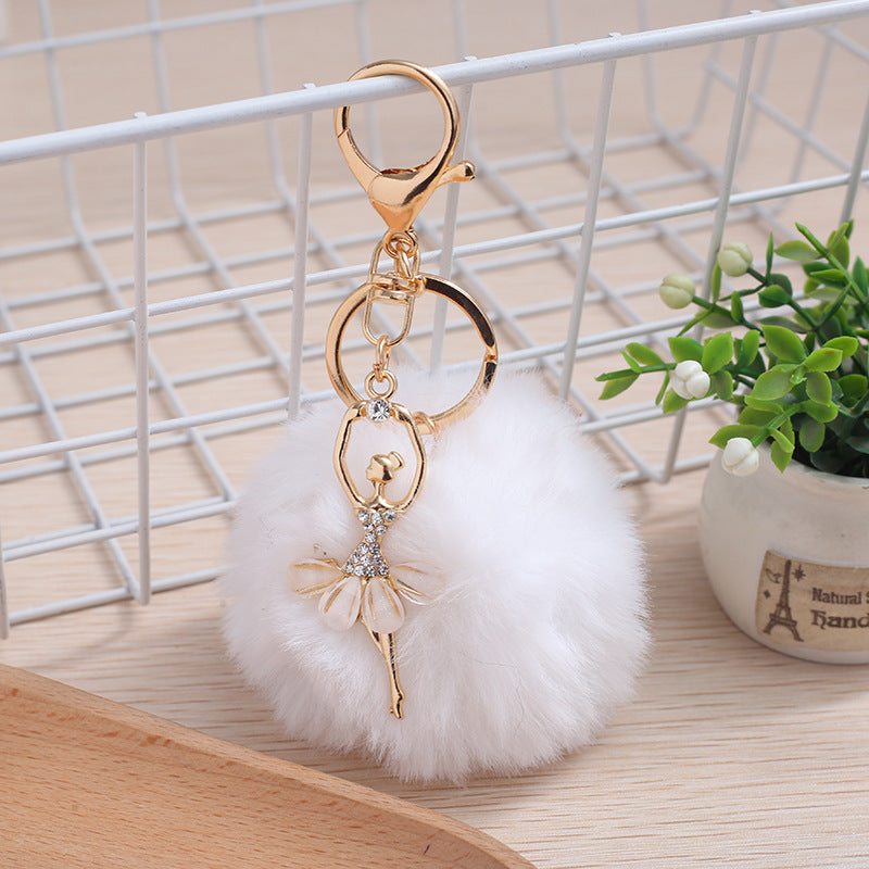 Wholesale 5pcs Cute Rhinestone Angel Ballerina Girl Pom Pom Keychain