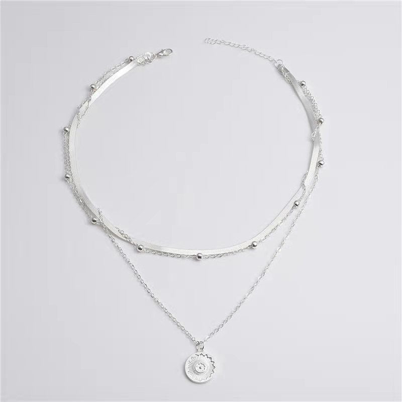 Wholesale Simple Multi-layer Lotus Pendant Gold Bead Disc Blade Chain Necklace Chain