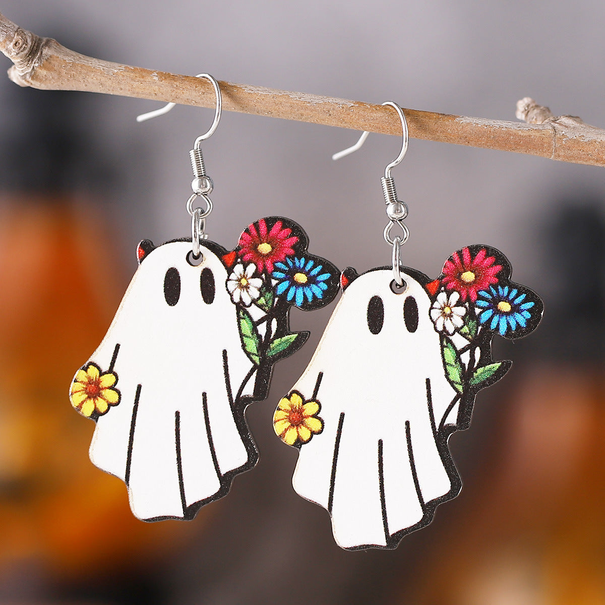 Wholesale Halloween Gothic Style Cute Ghost Flower Book Pocket Ghost Pendant Wooden Double-sided Earrings