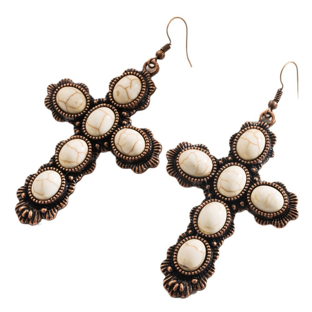 Wholesale Vintage cross inlaid turquoise earrings for women bohemian style