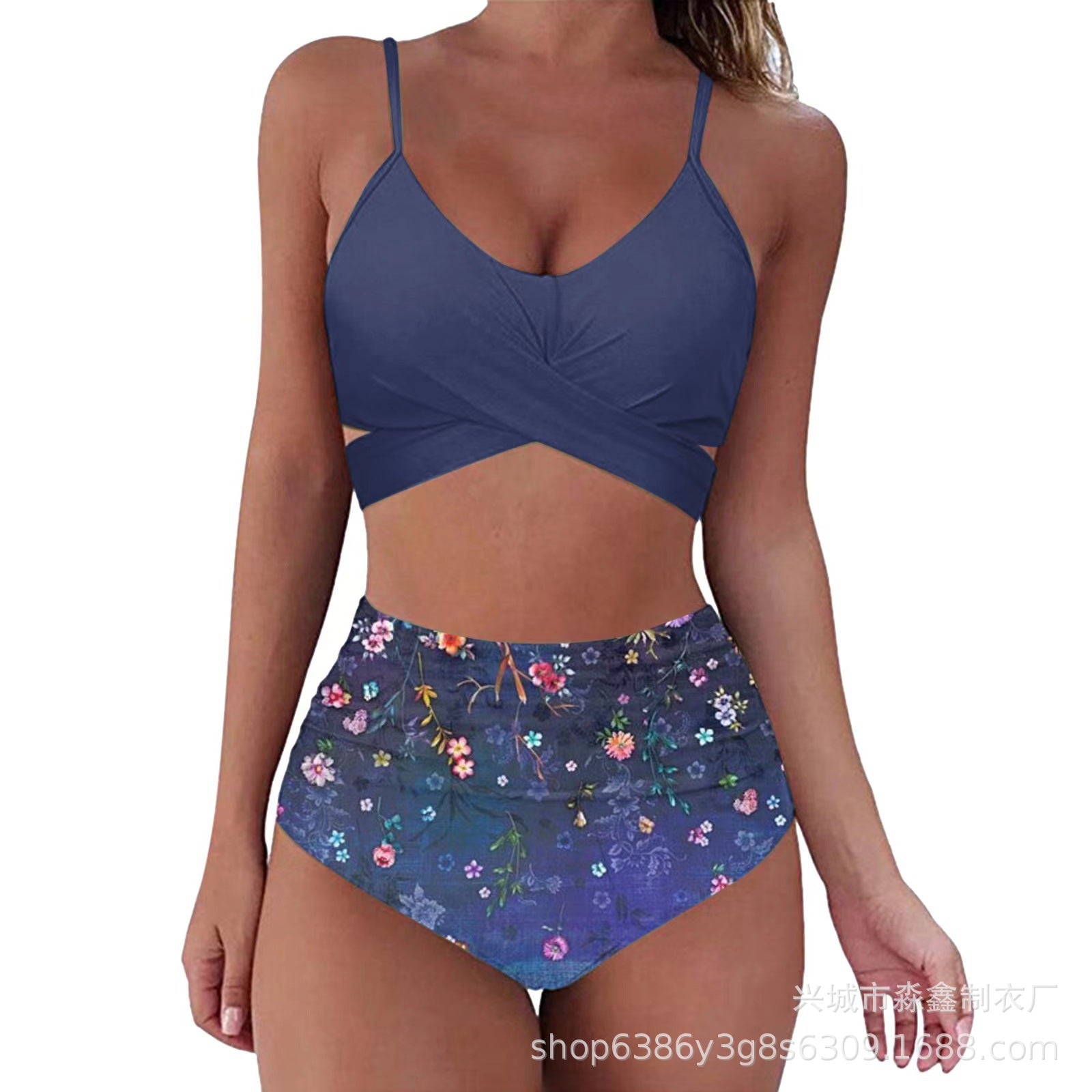 Wholesale Color Cross High Waist Split Polyester Swimwear