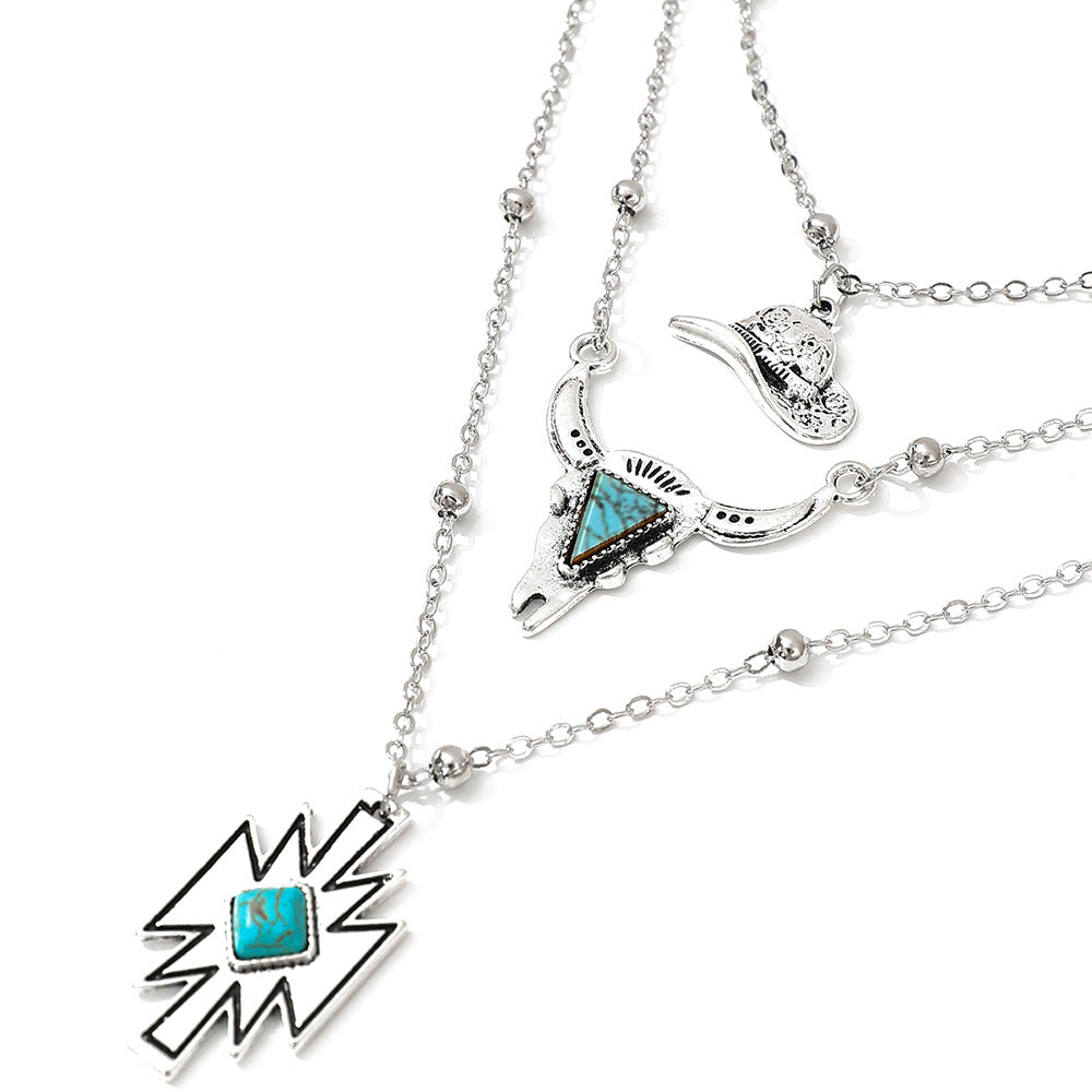 Wholesale Western style denim hat blue turquoise bull head necklace set