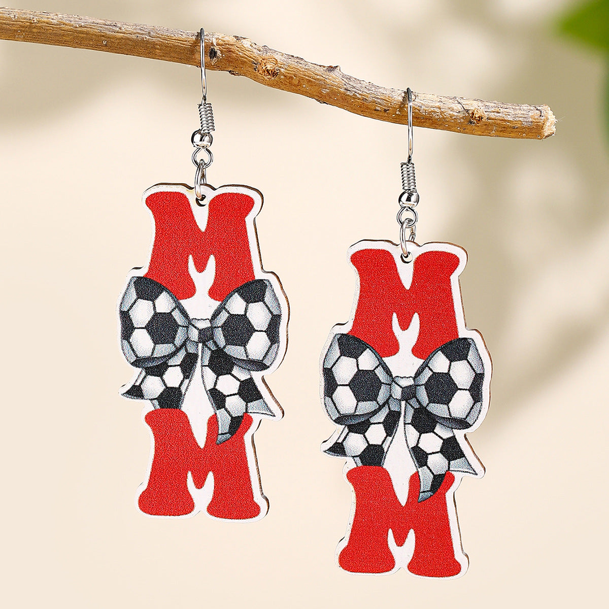 Wholesale Mother' s Day Wooden Earrings Sports Baseball Shiny Earrings Bow Jewelry