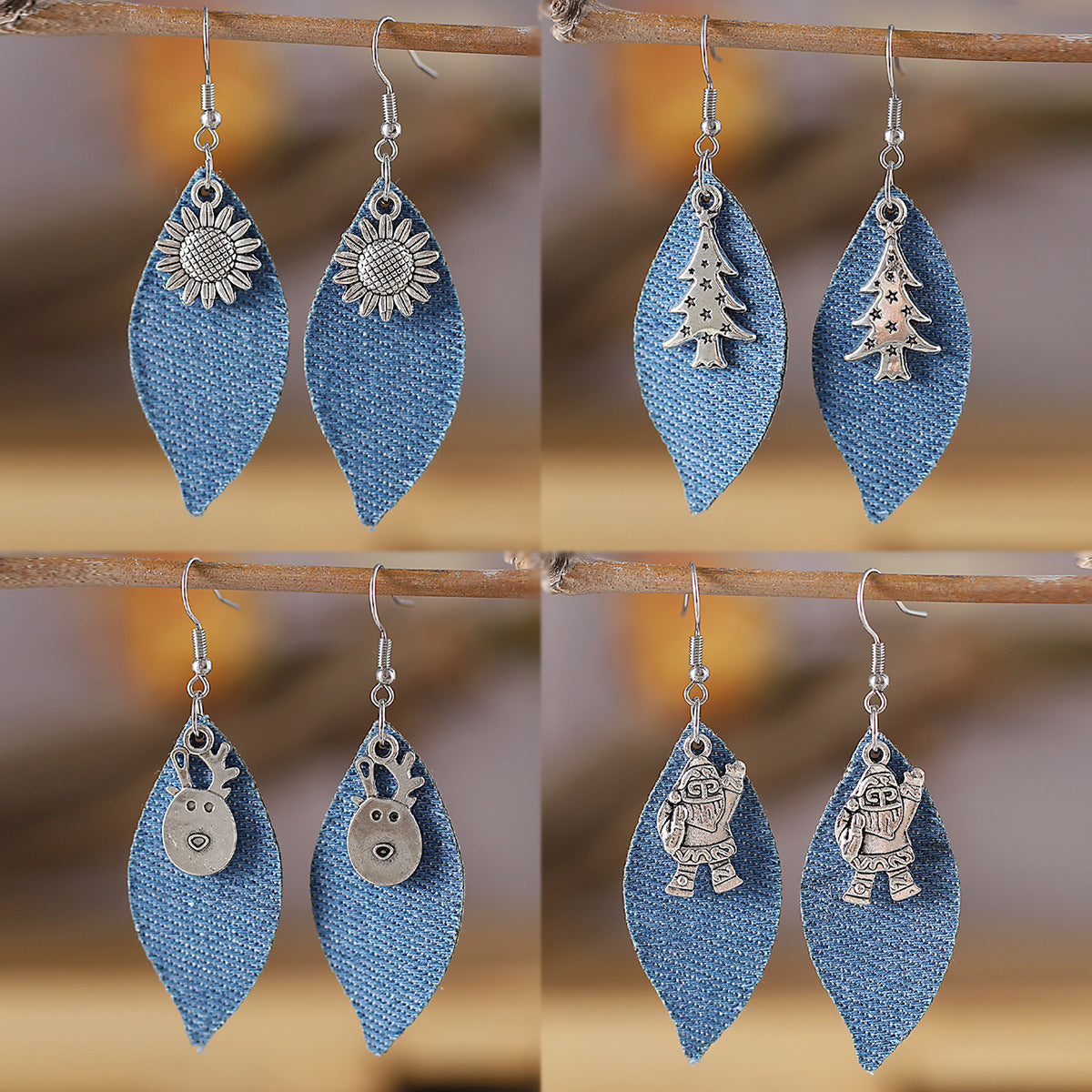 Wholesale Metal Denim Leather Dangle Earrings