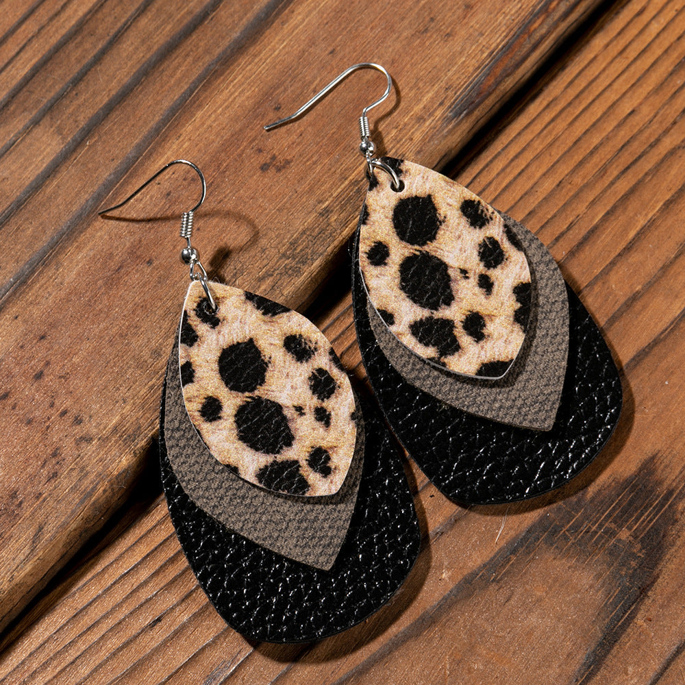 Wholesale Multi-layer Water drop Leaf Earrings PU Leather