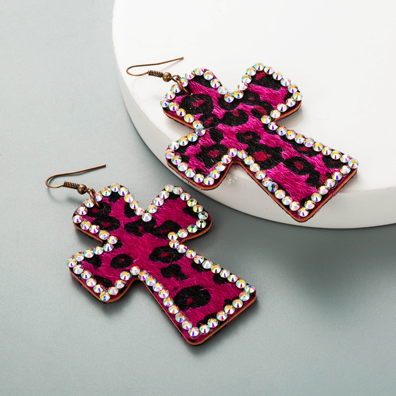 Wholesale Leopard Cross Set Diamond Leather Earrings