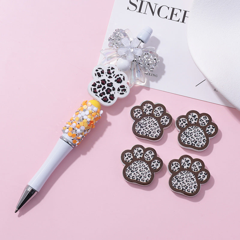 Wholesale 10pcs beaded pen with UV embossed leopard print cat paw loose beads