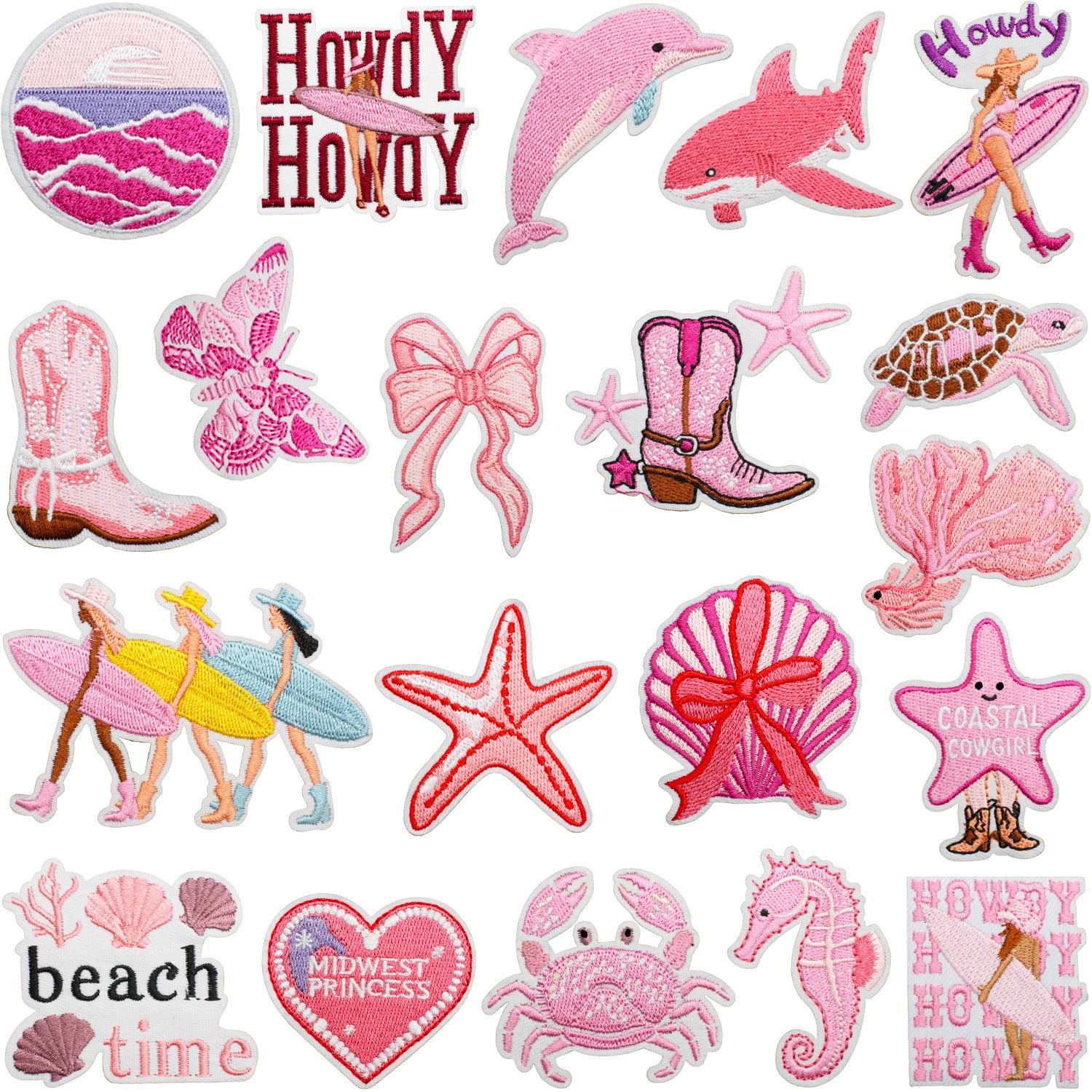 Wholesale Pink Surf Girl Embroidered Patch With Turtle Shell Bow Shark Decorative Fashion Accessory For Clothing DIY Craft Boutique Resale