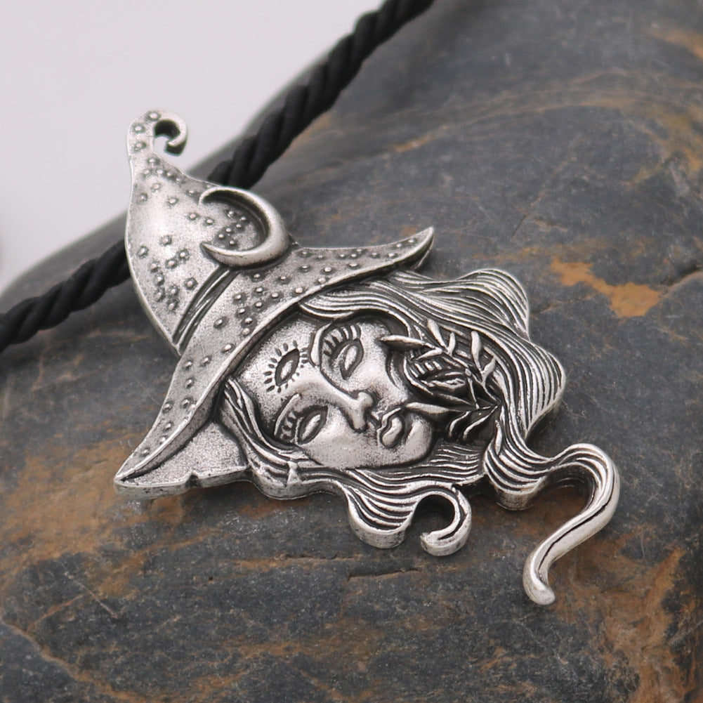 Wholesale Vintage long-haired witch necklace sun and moon witch pendant