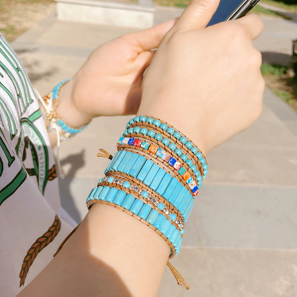 Wholesale Retro winding double-layer bracelet ethnic style turquoise bracelet couple braided bracelet