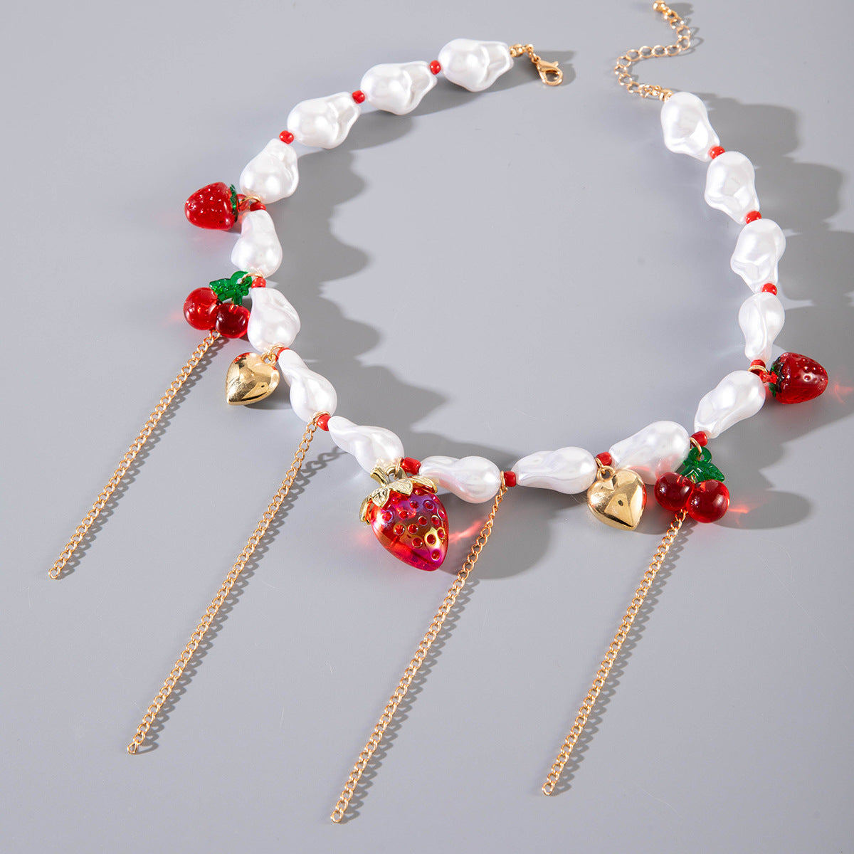 Wholesale Alien Pearl Strawberry Cherry Tassel Valentine' s Day Necklace