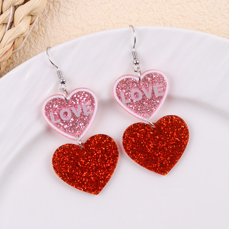Wholesale Sweet Valentine' s Day Glitter Long Heart Acrylic Earrings