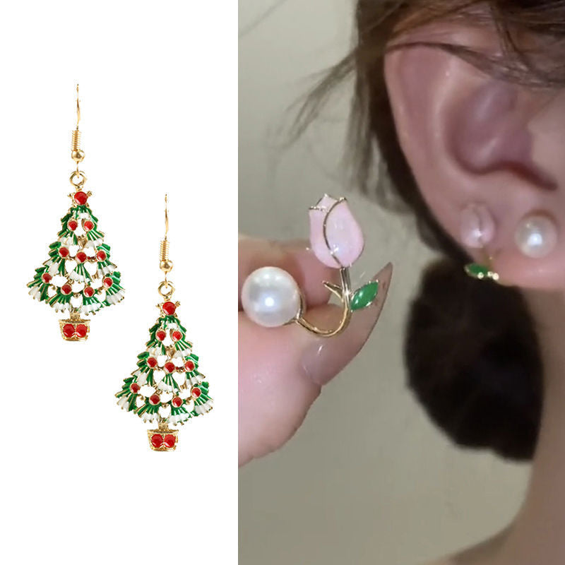Wholesale Christmas Colorful Cartoon Cute Oil Dropping Christmas Tree Earrings Necklace Set