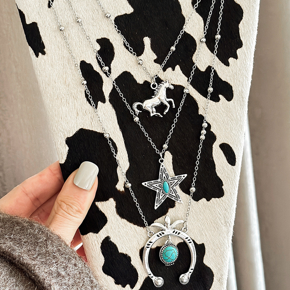 Wholesale Western style denim hat blue turquoise bull head necklace set