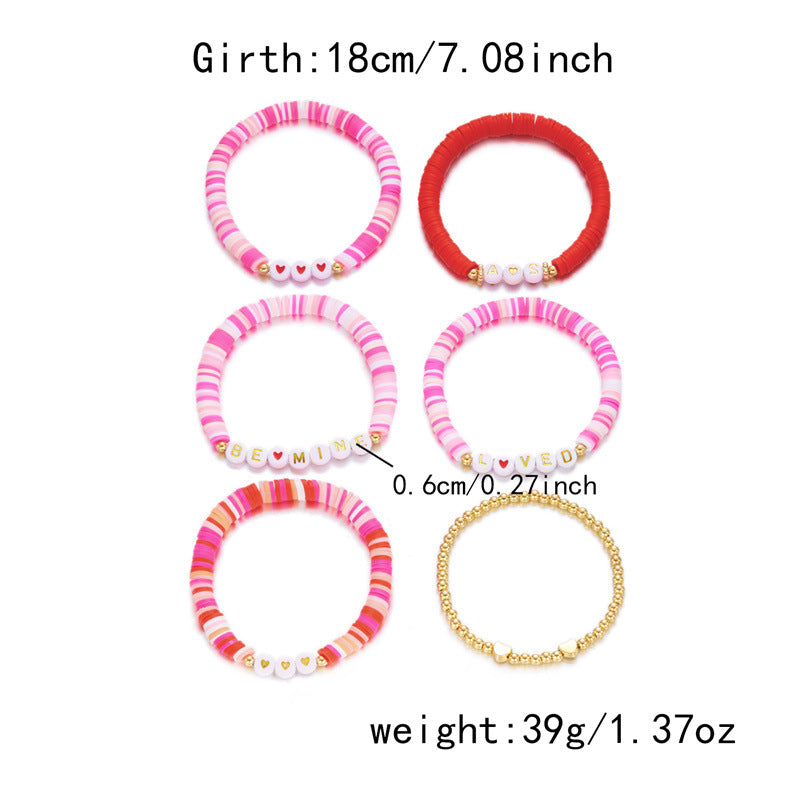 Wholesale Love Soft Ceramic Valentine' s Day Pink Letter  Layered Bracelet Set
