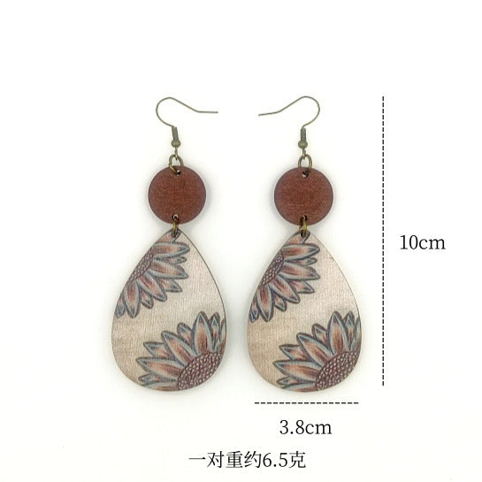 Wholesale Western style Wooden Printing Retro Sunflower Tauren Earrings