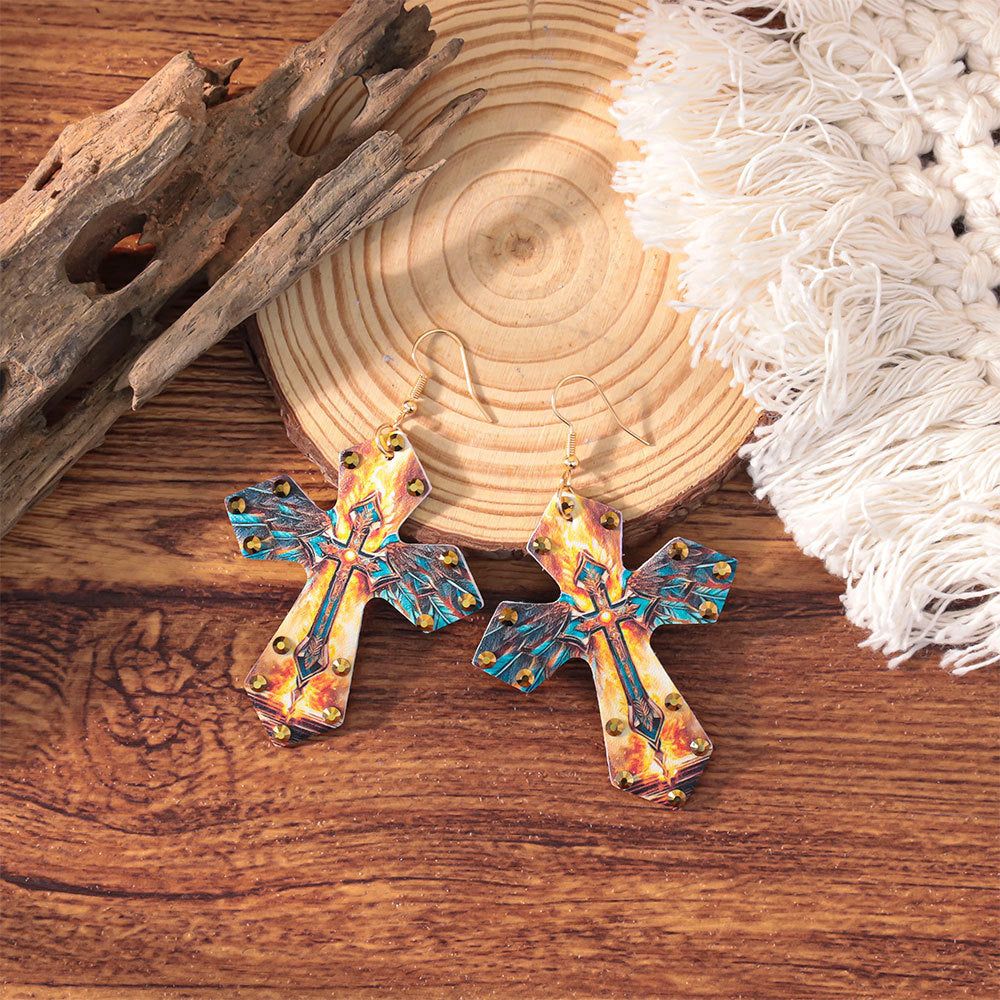 Wholesale Western-style colorful rhinestone cross earrings