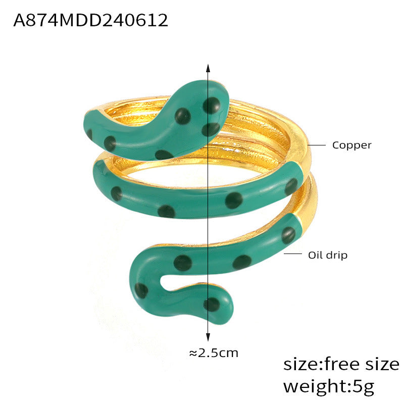 Wholesale Bohemian style color oil drop snake copper ring ins sweet cool hot girl open finger ring color retention in stock supply