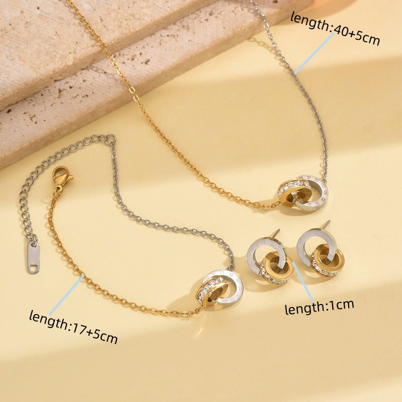 Wholesale Stainless steel gold and silver two tone circular single row rhinestone necklace  bracelet  and earrings