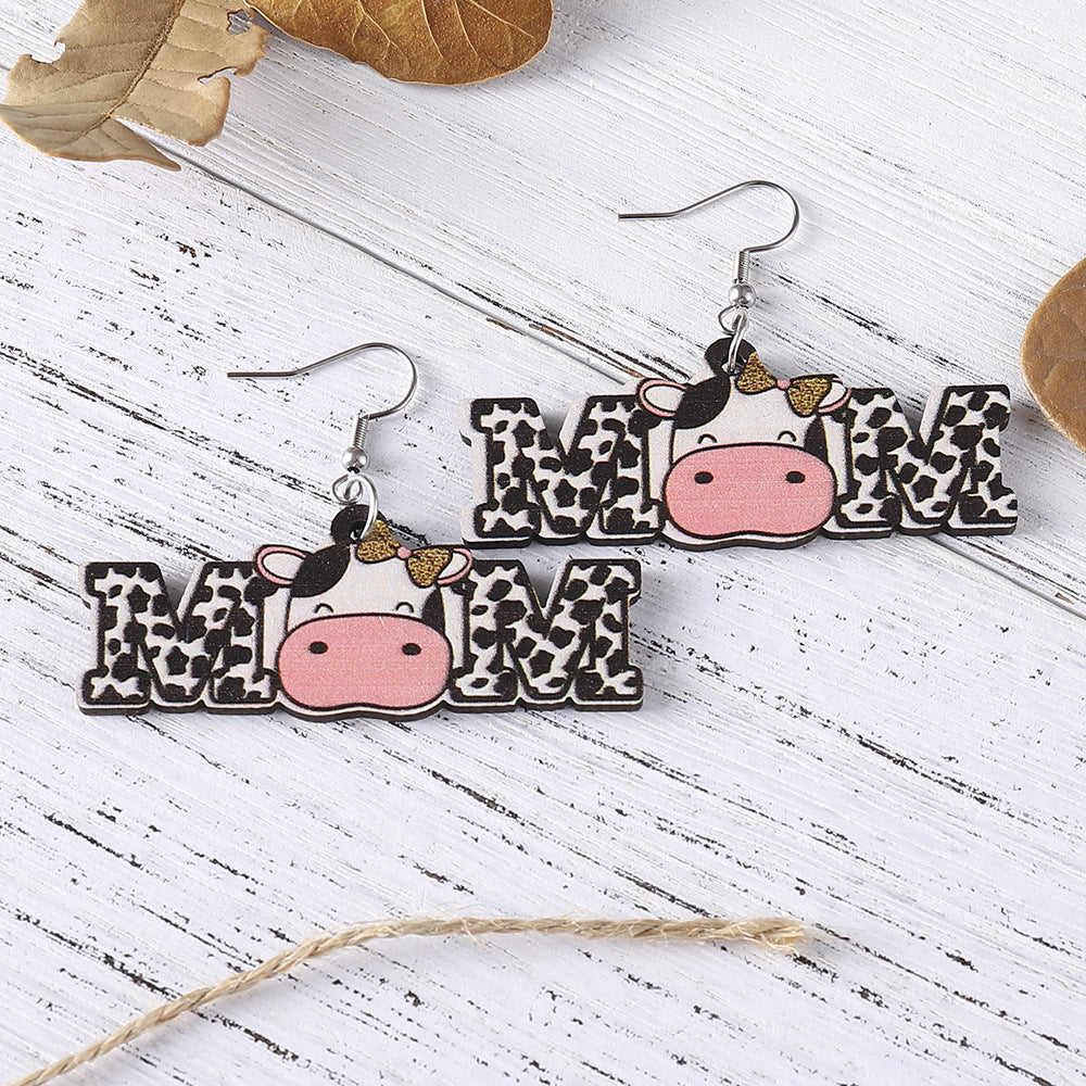 Wholesale Cute Cream Style MOM Letter Cow Pattern Cow Double-sided Wooden Earrings