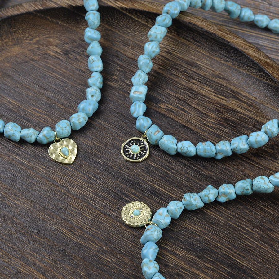 Wholesale Bohemian Turquoise Bead Necklace With Heart Pendant Zinc Alloy Electroplated Trendy Party Jewelry For Women Boutique Resale