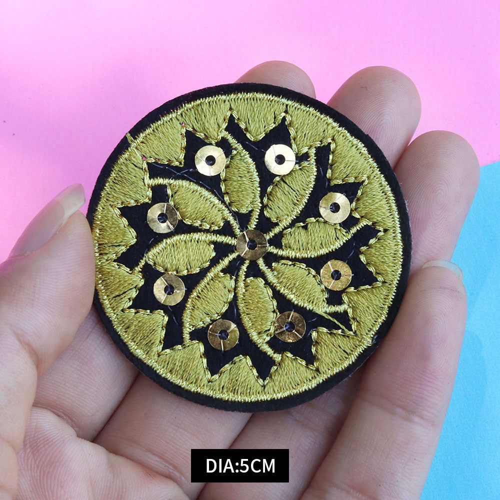 Wholesale 5cm ethnic style round floral embroidery sequins mixed with gold thread patch