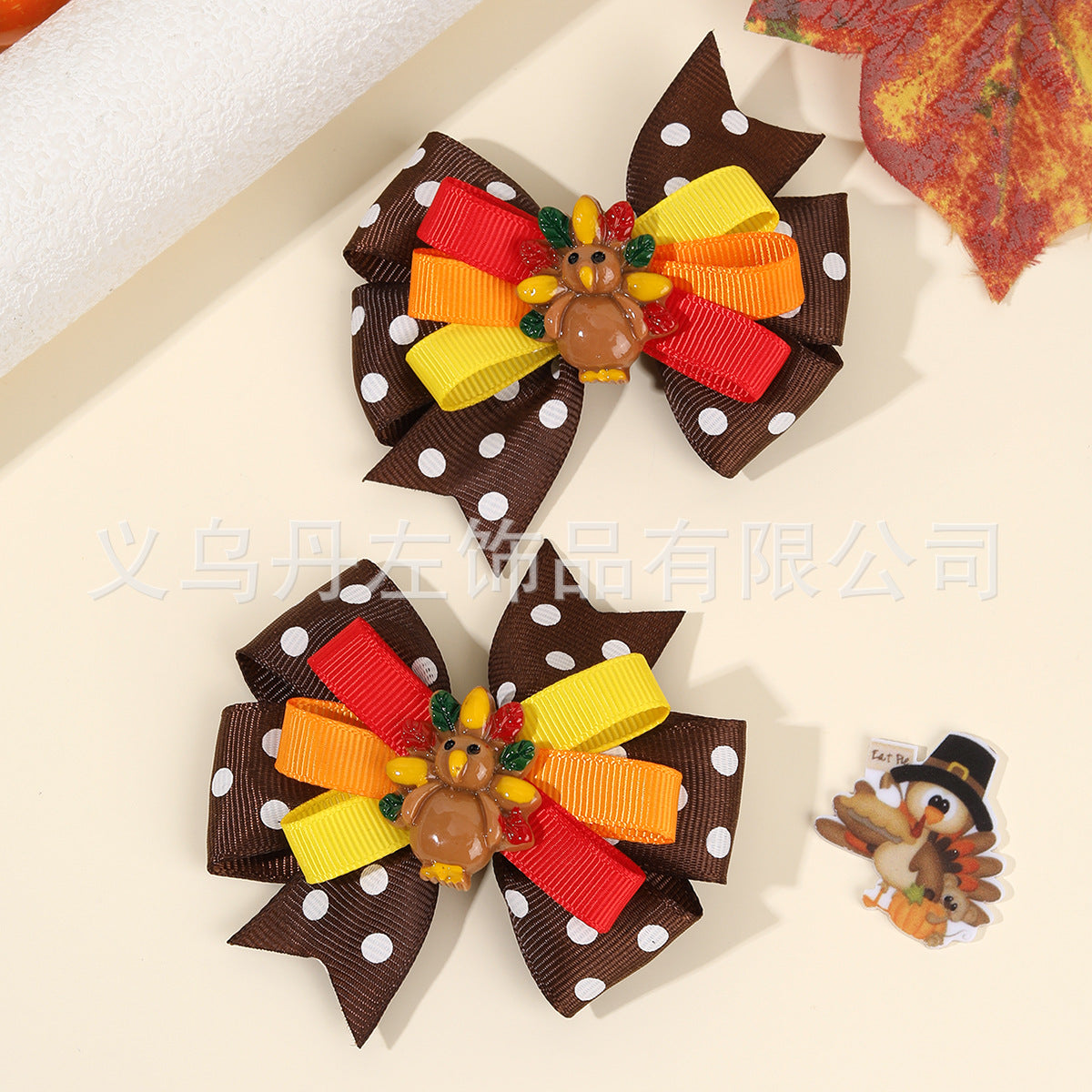 Wholesale 10pcs/pack Thanksgiving Children' s Bow Hairpin Point Small Turkey Accessories Headwear Rowan Ribbon