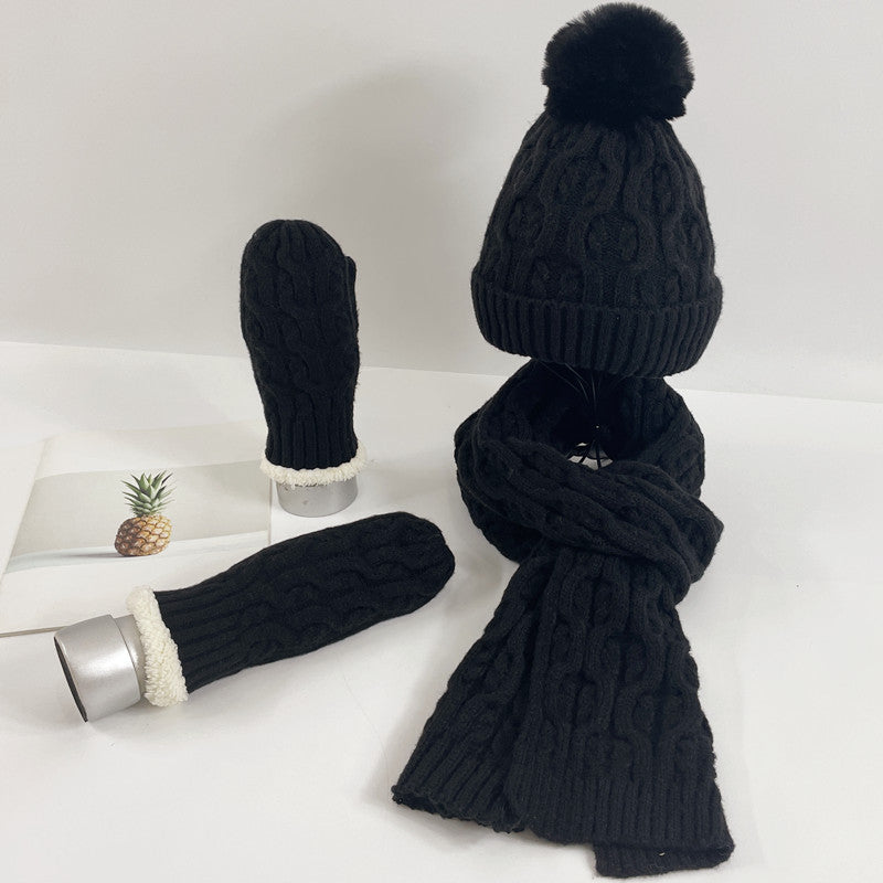 Wholesale Winter Velvet Warm Knitted Beanie Thickened Scarf Gloves Three-piece Set