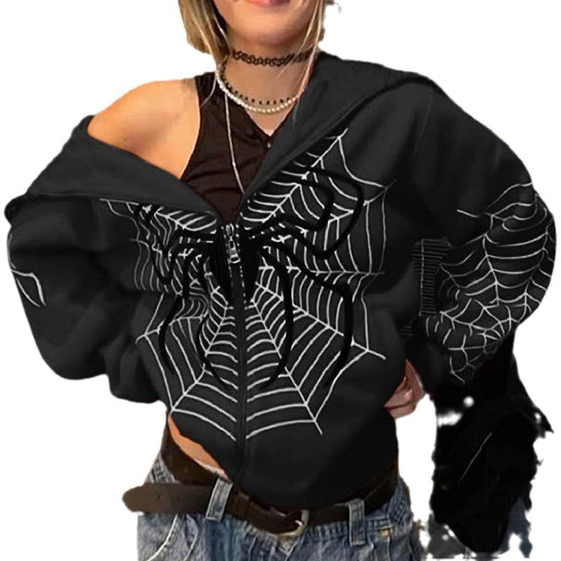 Wholesale Polyester Spider Web Zipper Sweater Casual Hoodie Spring and Autumn Fleece American Coat Top