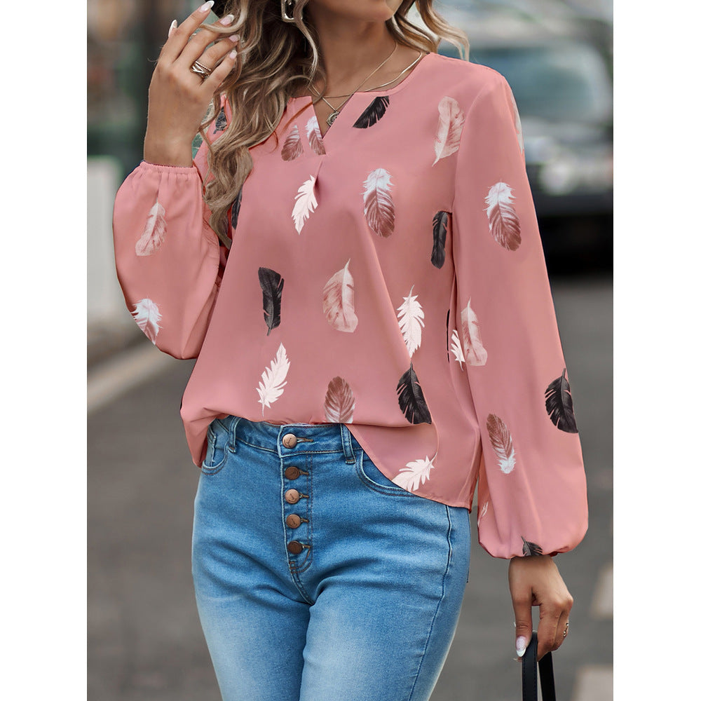 Wholesale Autumn and Winter Women's V-neck Feather Printing Long Sleeve Loose T-shirt