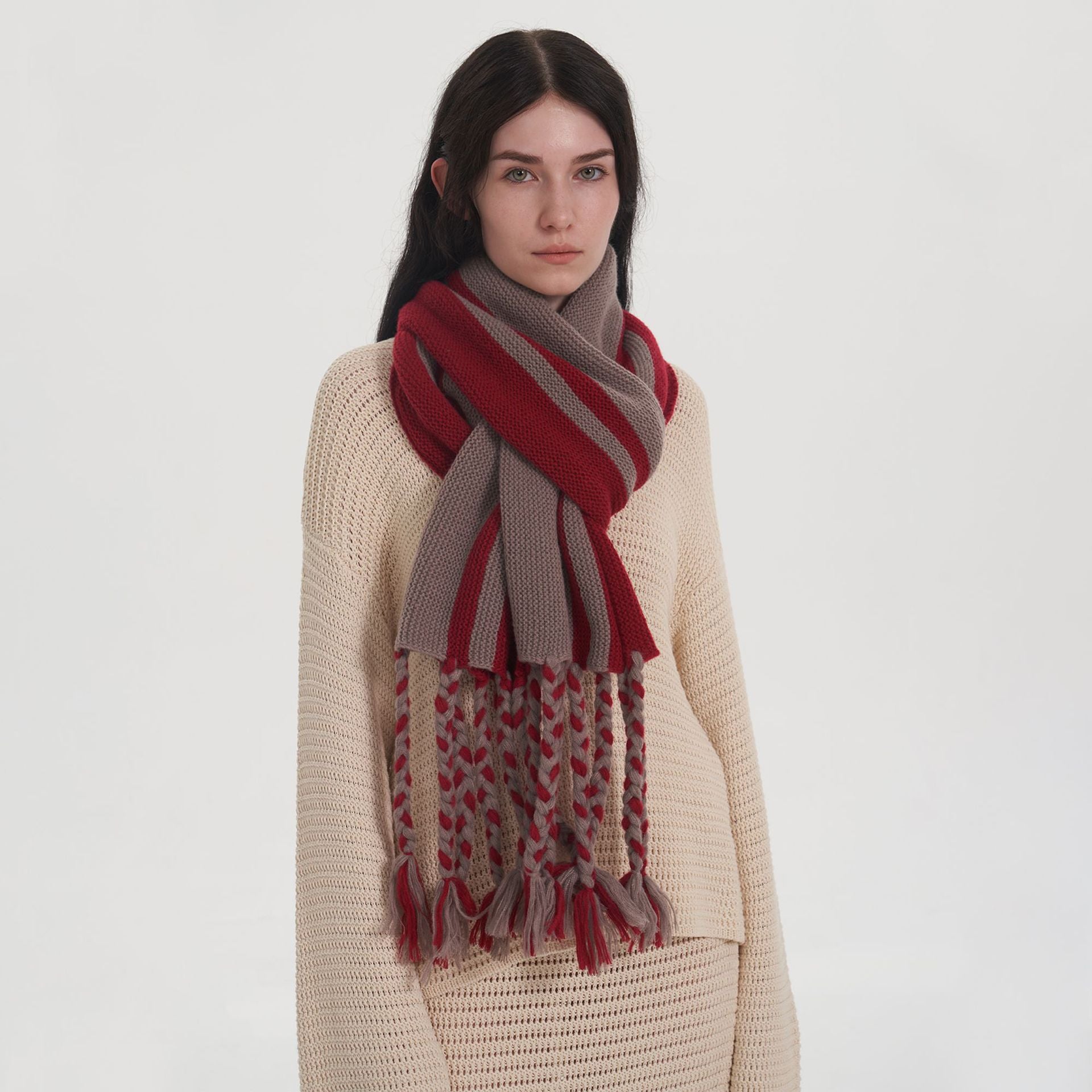 Wholesale Niche Geometric Striped Twist Tassel Knitted Scarf