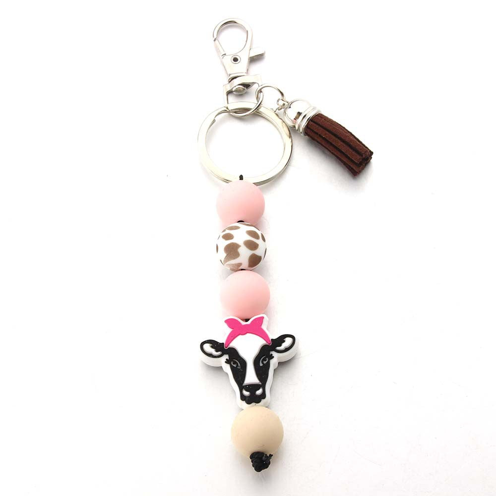 Wholesale Handmade Silicone Beads Cow Cartoon Tassel Bag DIY Keychain