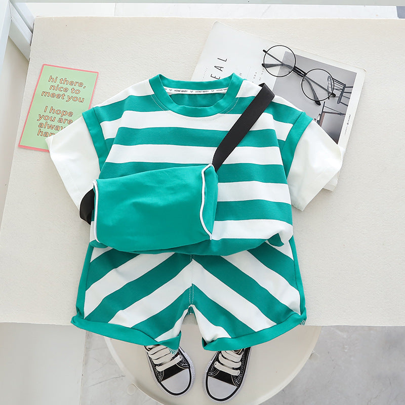 Wholesale Boys Summer Striped Short Sleeved Shorts Shoulder Bag Cotton Set