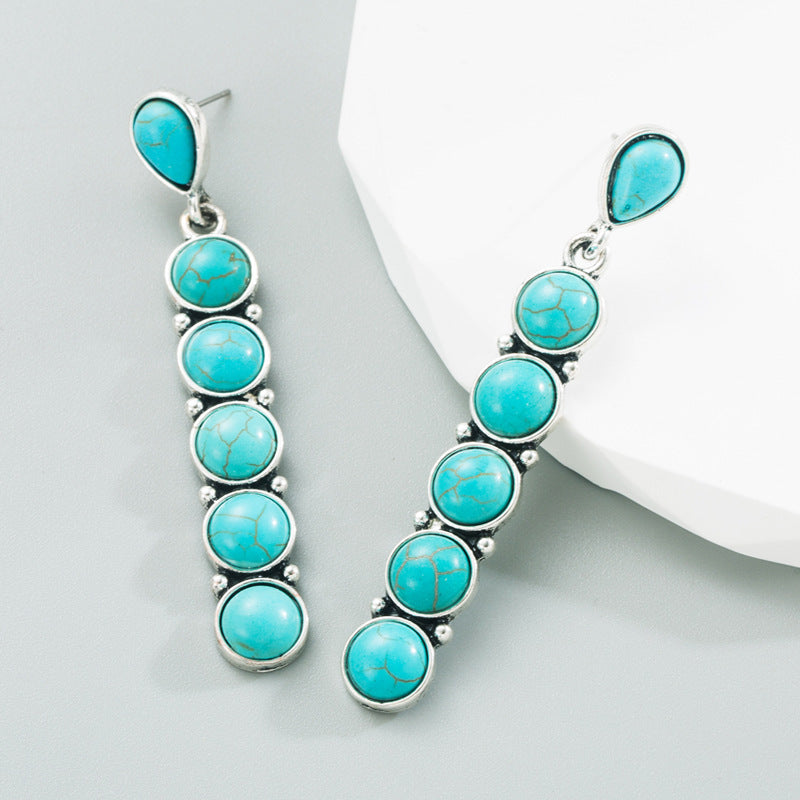 Wholesale Turquoise antique silver round stone creative long earrings