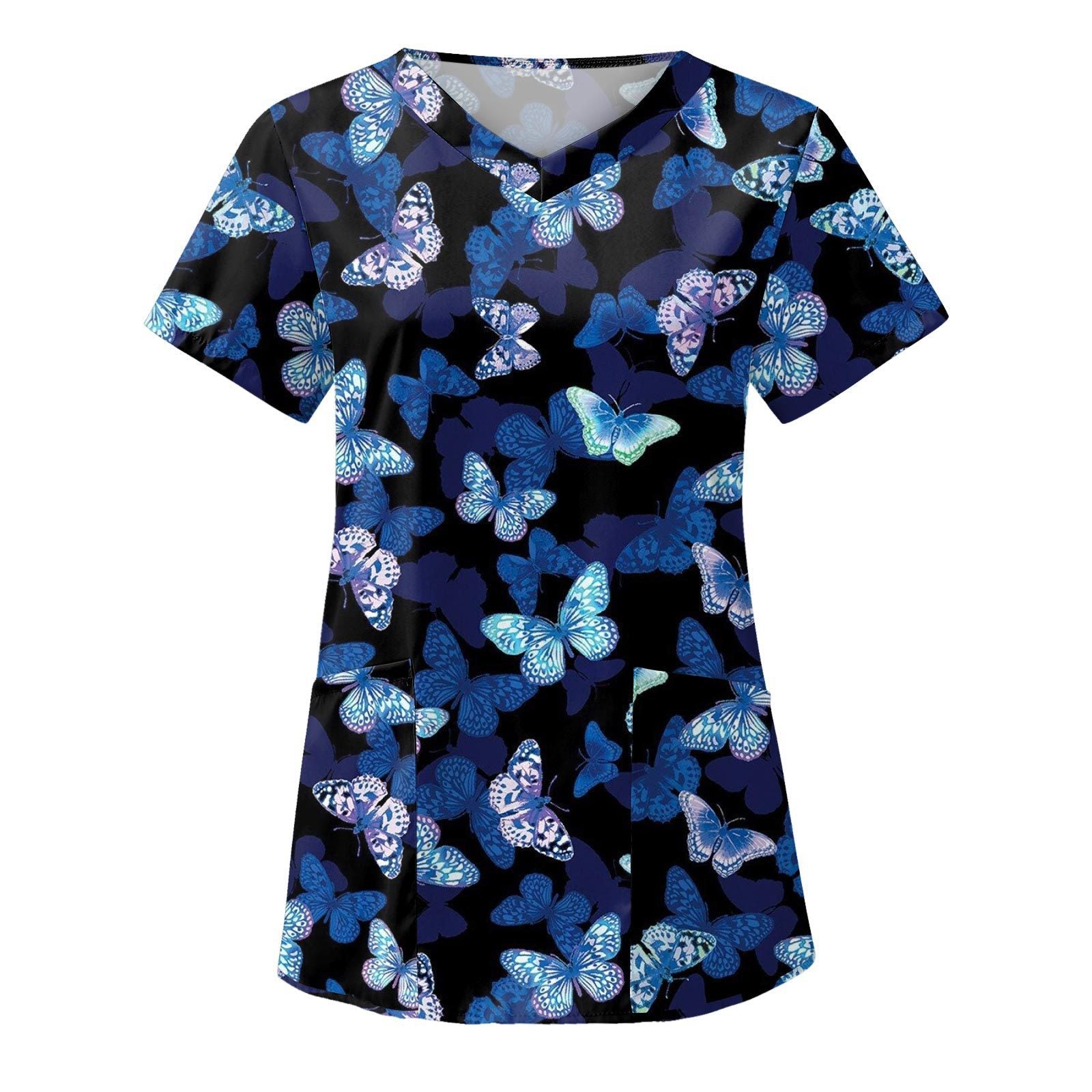 Wholesale Women's 3D Printed V-neck Pocket Polyester Short Sleeved Work Clothes