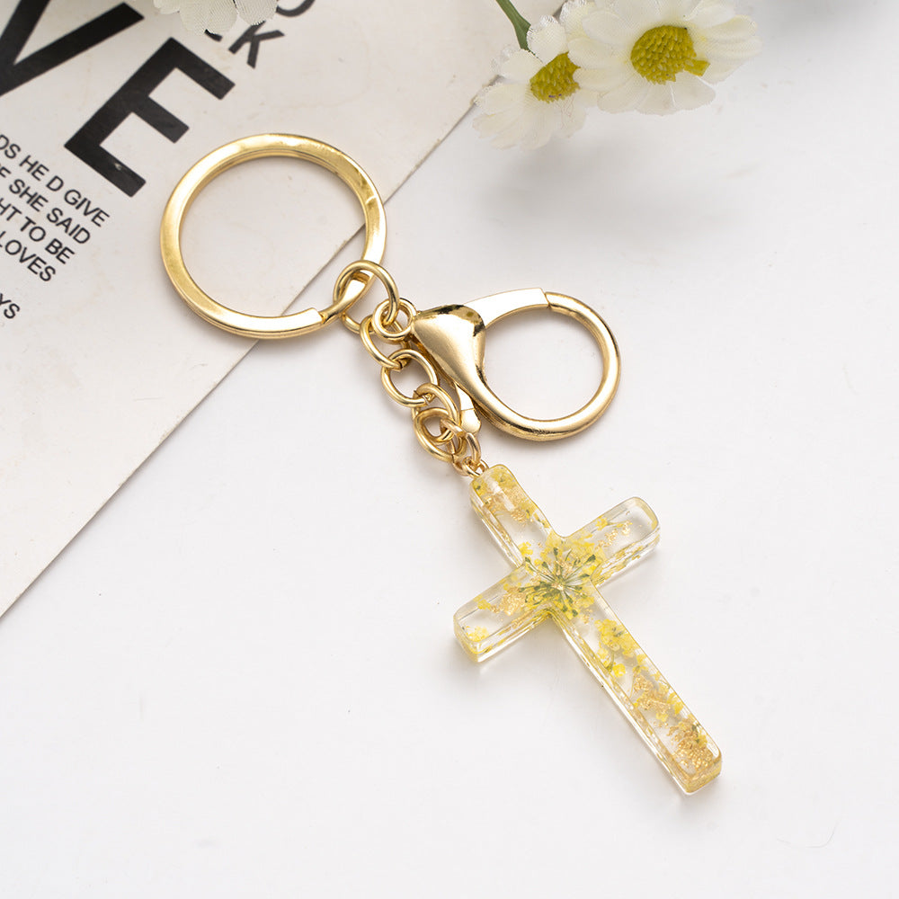 Wholesale Handmade Glue Real Flowers Creative Cross Keychain