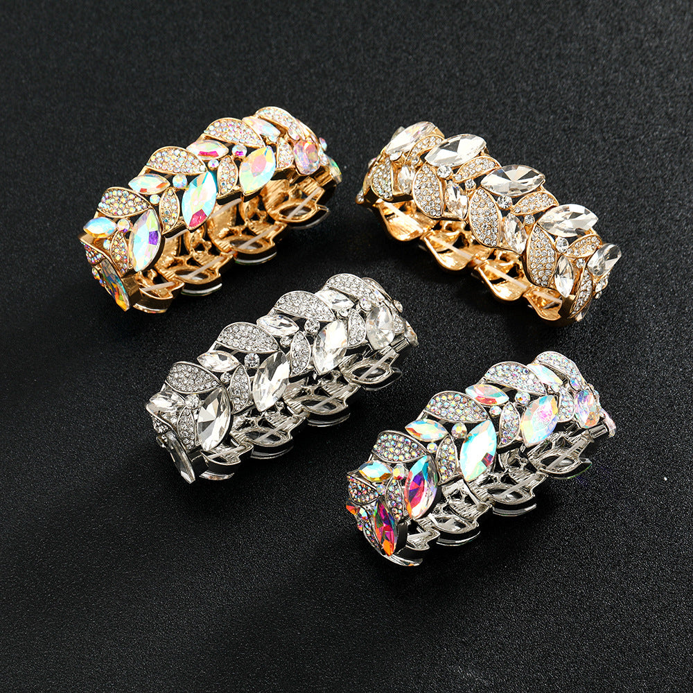 Wholesale Leaf Rhinestone Elastic Bangle Bracelet Golden White Alloy Jewelry Accessory Stylish Gift Boutique Resale