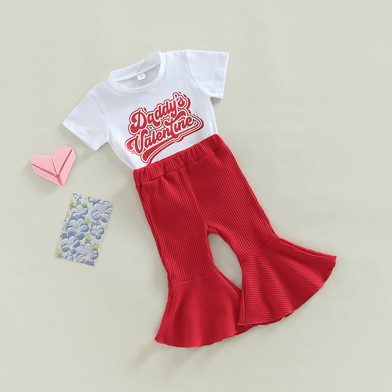 Wholesale Cotton Short-sleeved Letter Tops and Flared Pants Two-piece Set