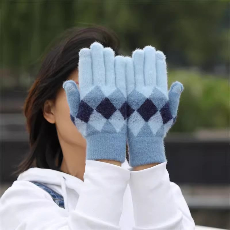 Wholesale Warm Touch Screen Rhombus Thickened Finger Gloves