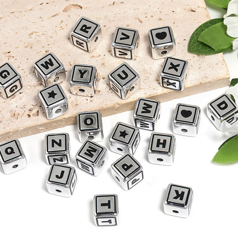 Wholesale 50pcs 14mm Acrylic Silver Base Black Letter Beads Square Beads DIY