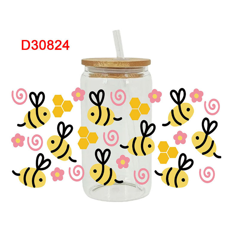 Wholesale Colorful bee flowers 16oz Cup UV DTF Wraps