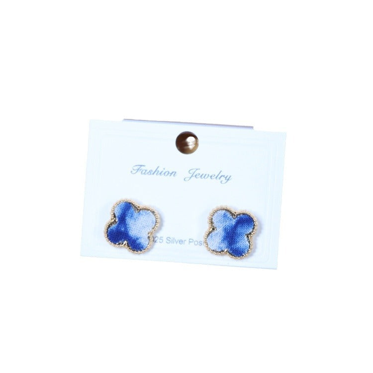Wholesale Blue Dyed Tie-dye Retro Ethnic Literary Plant Fabric Earrings S925 Silver