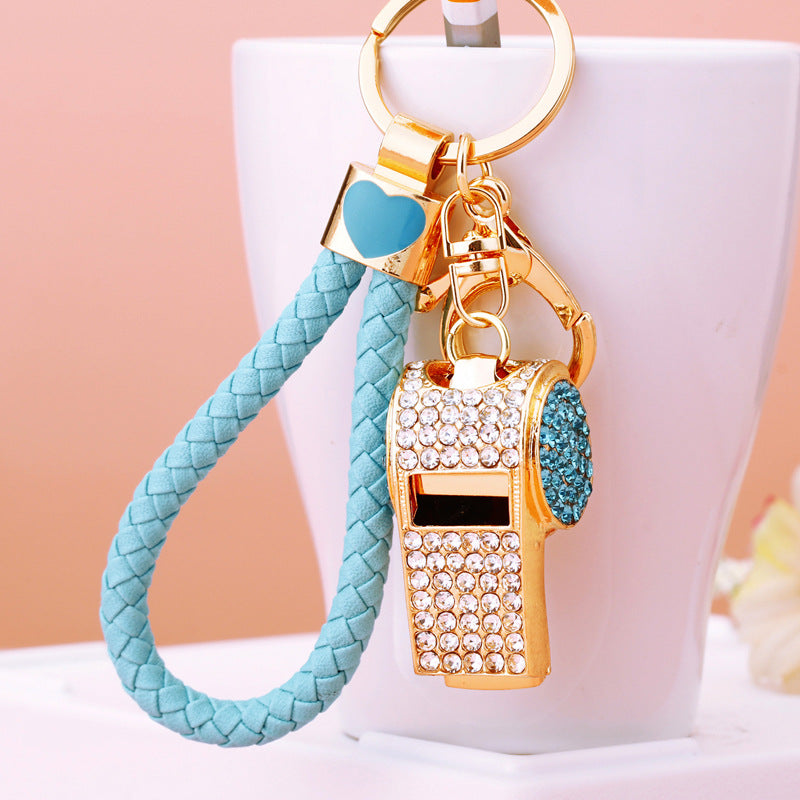 Wholesale Trendy Pink Metal Whistle Keychain With Leather Rope Rhinestone Chic Car Key Accessory Gift For Referee Boutique Resale