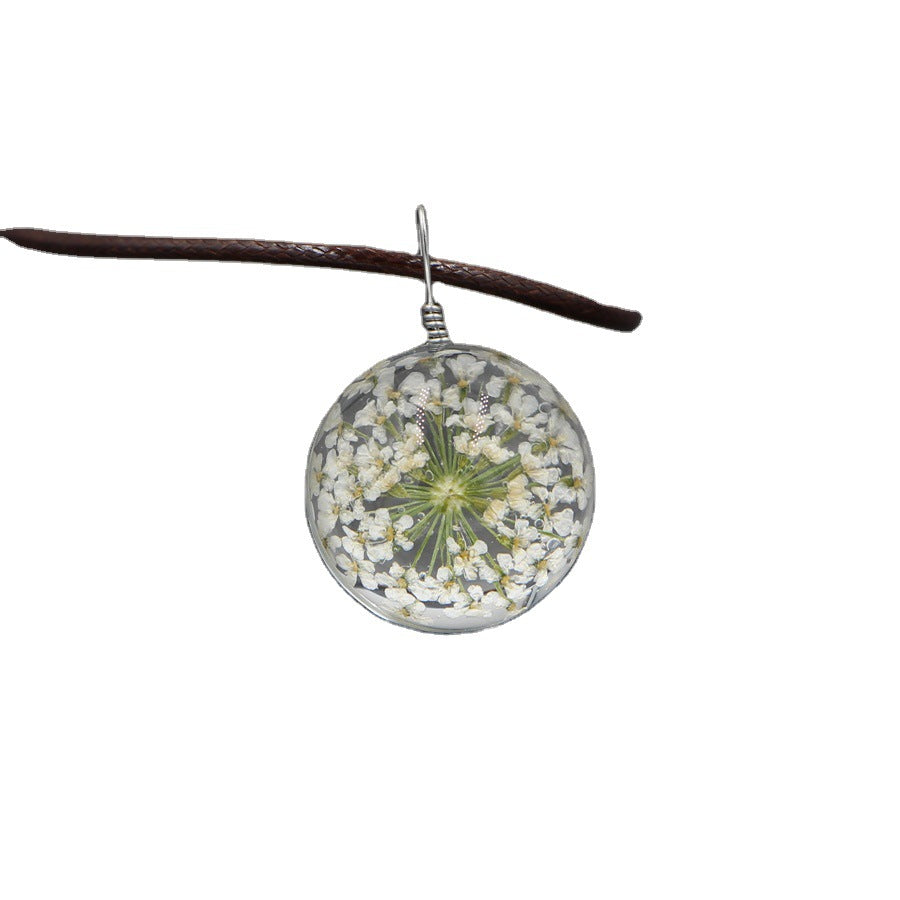 Wholesale Crystal Glass Dried Flower Pendant Necklace Pink Lace Ball Charm Trendy Jewelry Accessory For Daily Wear